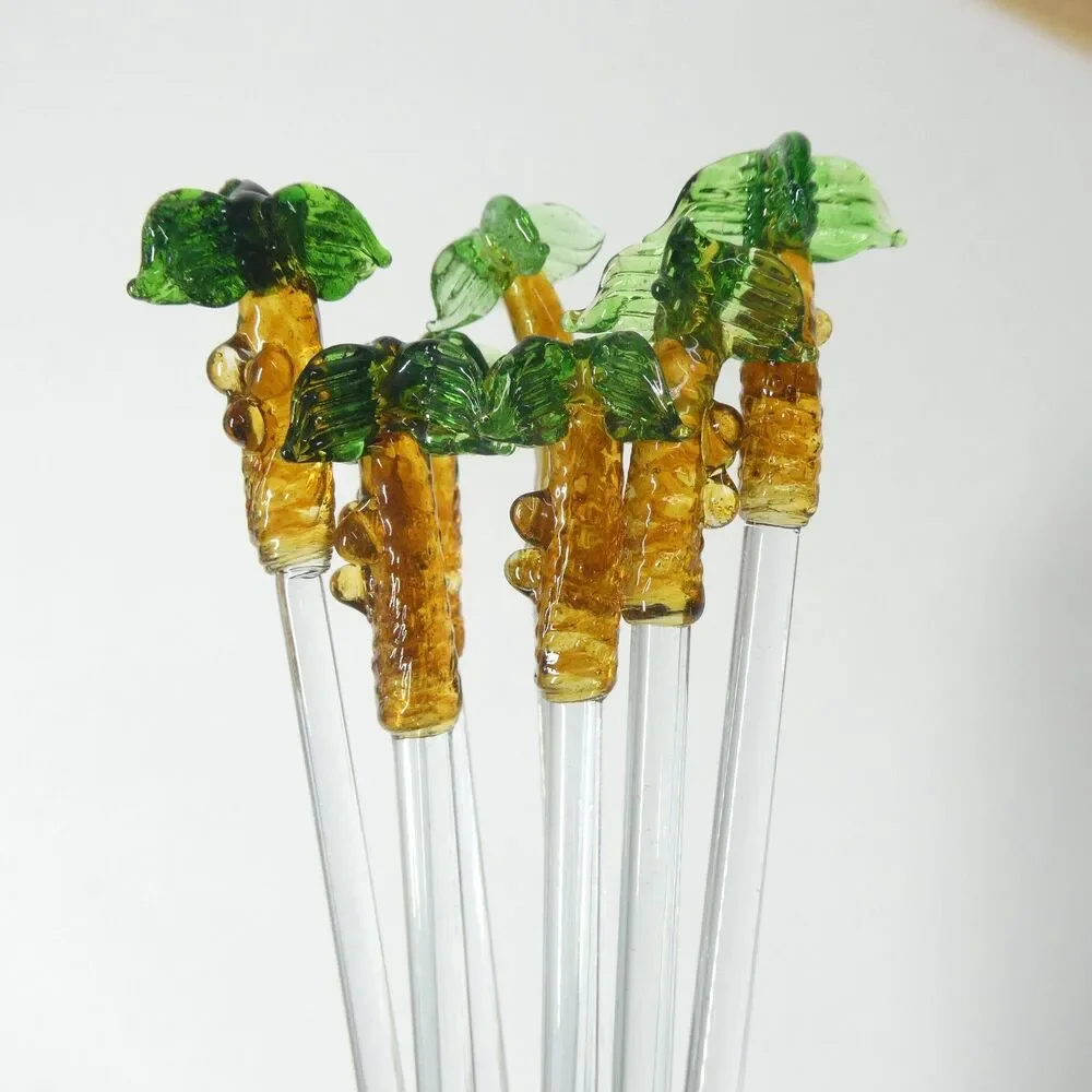 Cocktail Stirrers Palm Trees Hand Blown Glass Set of 7 Vintage Swizzle Sticks